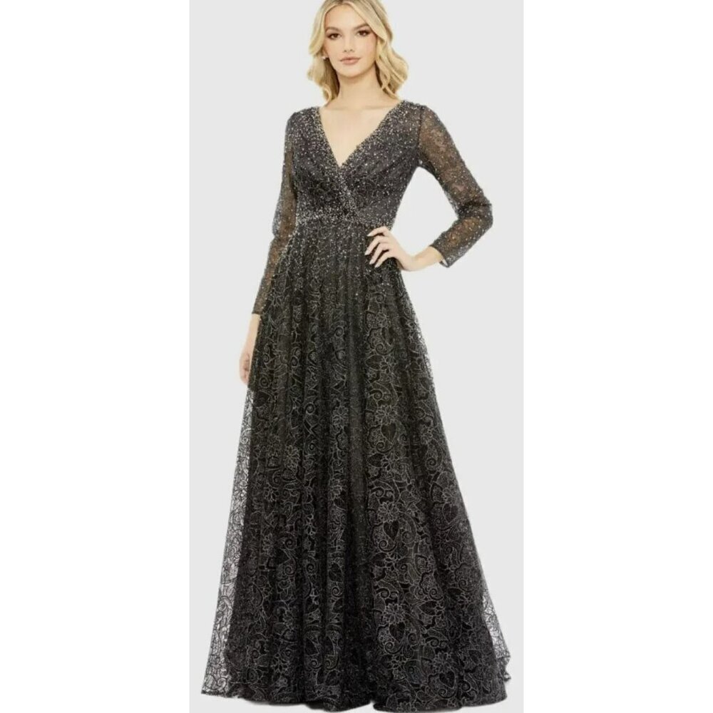 Mac Duggal Charcoal Gray Embellished V Neck Formal Gown Maxi Dress NEW